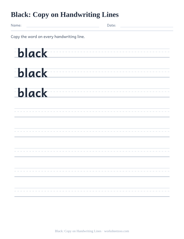 Sight word “black” worksheet, copy on handwriting lines printable activity