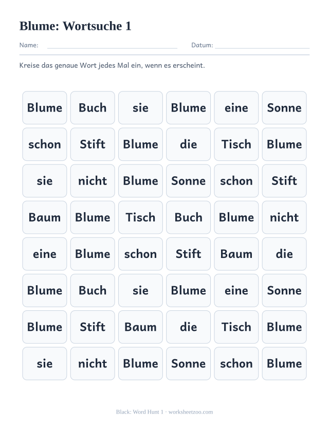 Vorschau: häufiges Wort „Blume“, Wortsuche 1