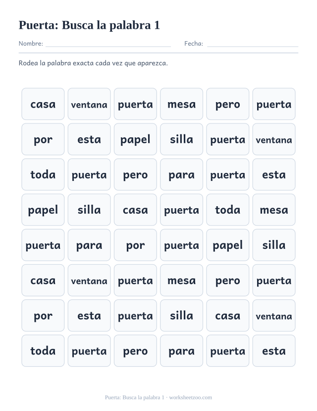 Ficha de la palabra frecuente «puerta», busca la palabra 1 para imprimir