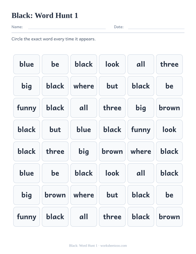 Sight word “black” worksheet, word hunt 1 printable activity