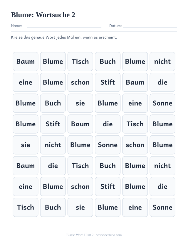 Vorschau: häufiges Wort „Blume“, Wortsuche 2