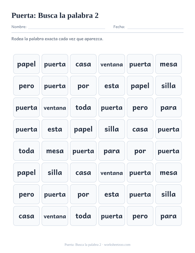 Ficha de la palabra frecuente «puerta», busca la palabra 2 para imprimir