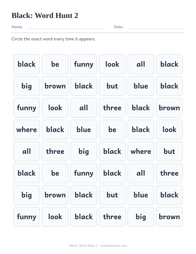 Sight word “black” worksheet, word hunt 2 printable activity