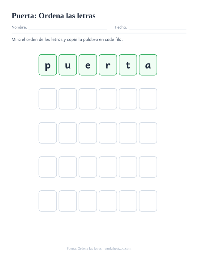 Ficha de la palabra frecuente «puerta», ordena las letras para imprimir