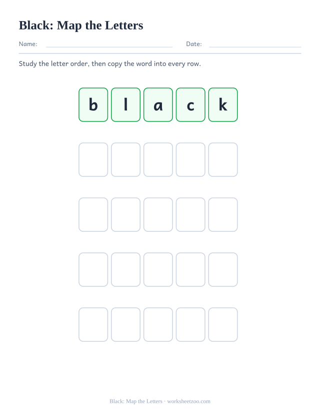 Sight word “black” worksheet, map the letters printable activity
