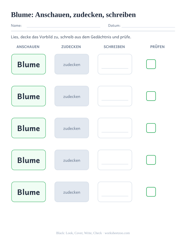 Vorschau: häufiges Wort „Blume“, Anschauen, zudecken, schreiben