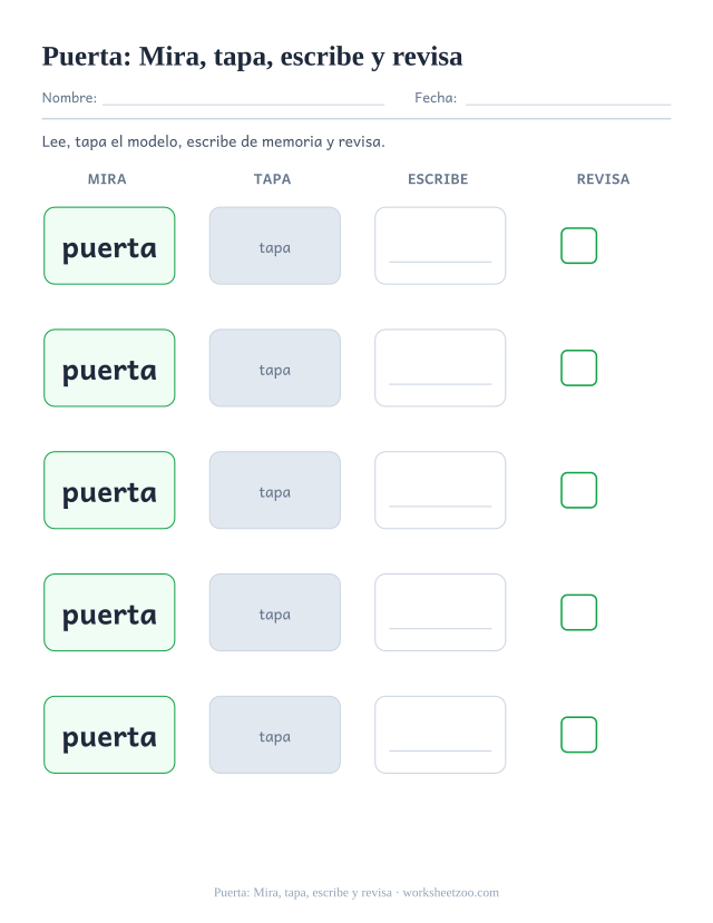 Ficha de la palabra frecuente «puerta», mira, tapa, escribe y revisa para imprimir