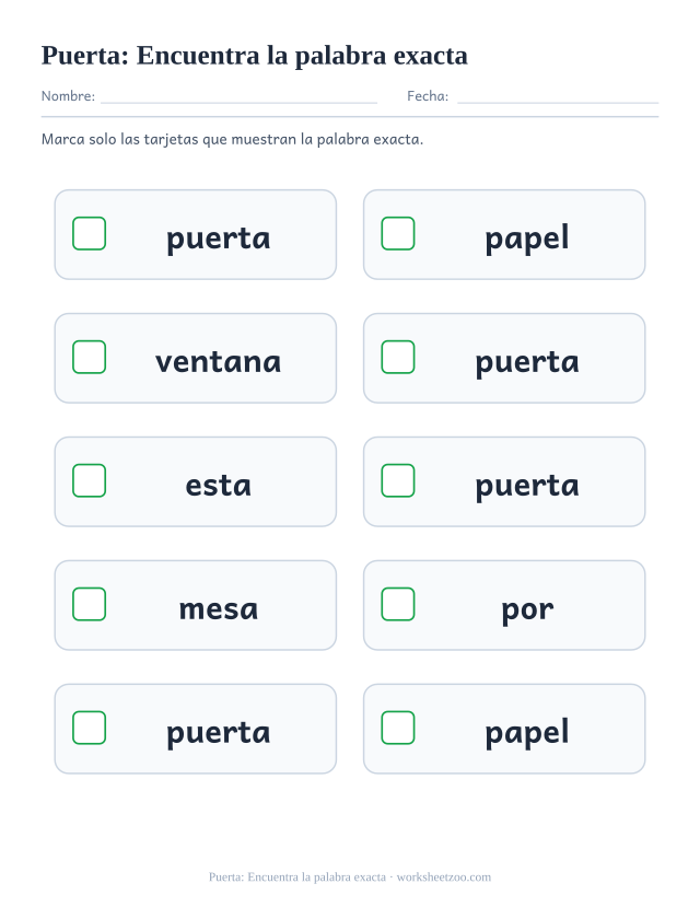 Ficha de la palabra frecuente «puerta», encuentra la palabra exacta para imprimir