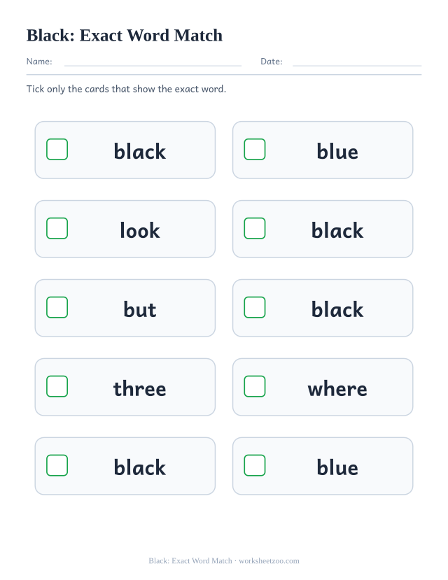 Sight word “black” worksheet, exact word match printable activity