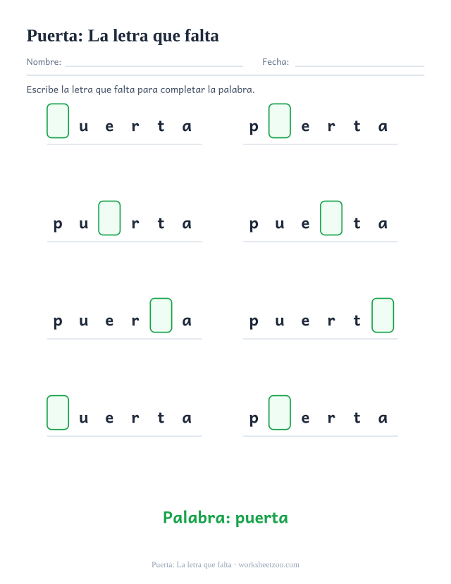Ficha de la palabra frecuente «puerta», la letra que falta para imprimir