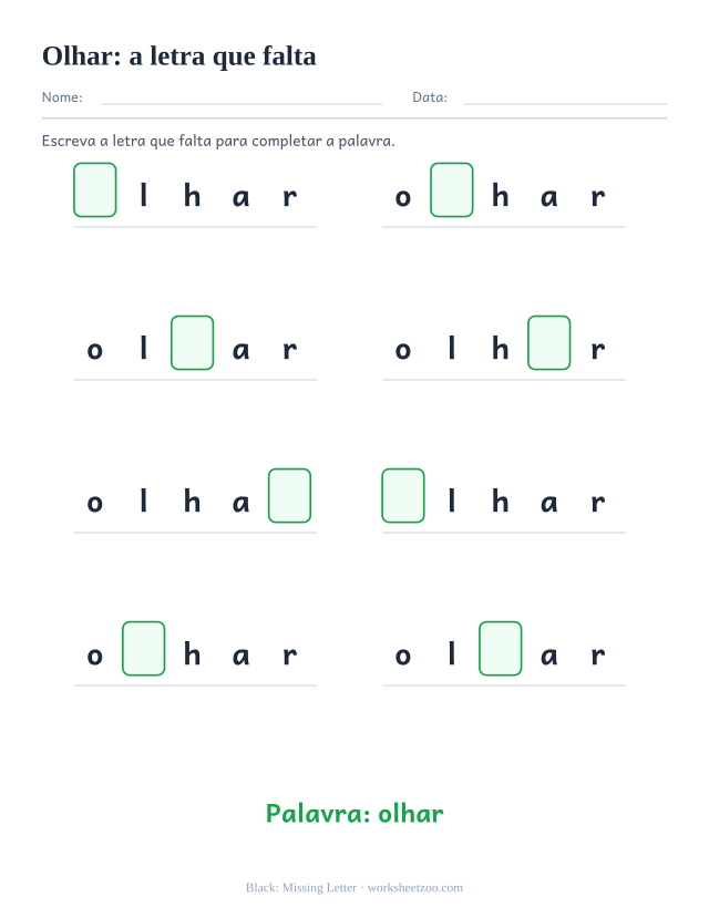 Prévia da palavra frequente “olhar”, a letra que falta