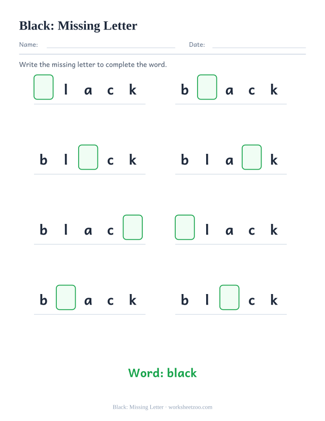Sight word “black” worksheet, missing letter printable activity