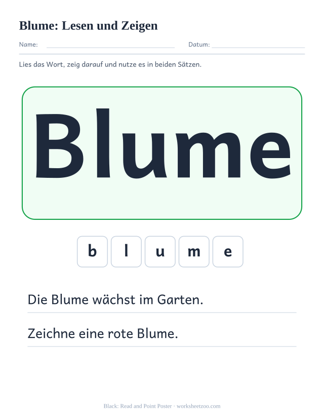 Vorschau: häufiges Wort „Blume“, Lesen und Zeigen