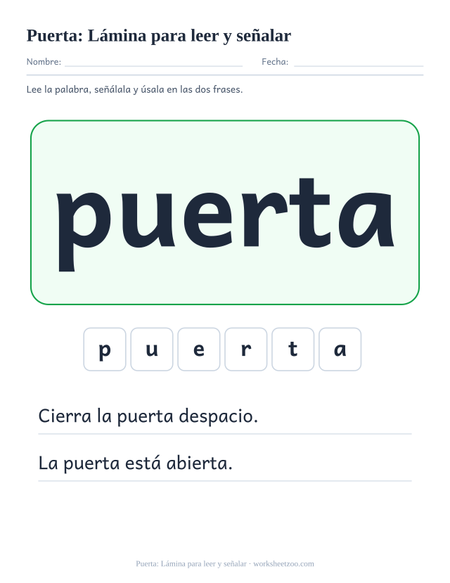 Ficha de la palabra frecuente «puerta», lámina para leer y señalar para imprimir