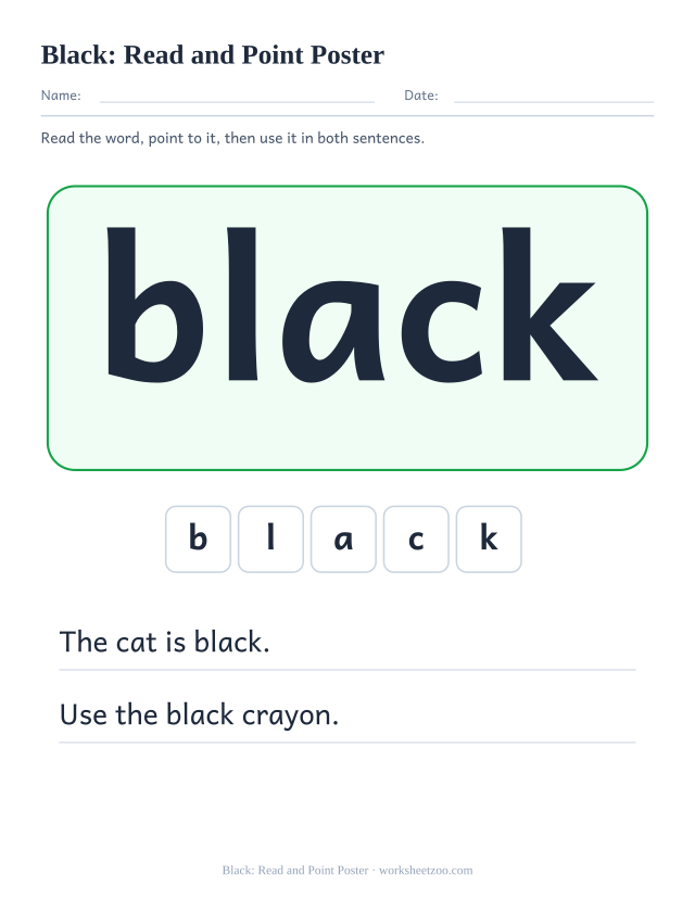 Sight word “black” worksheet, read and point poster printable activity