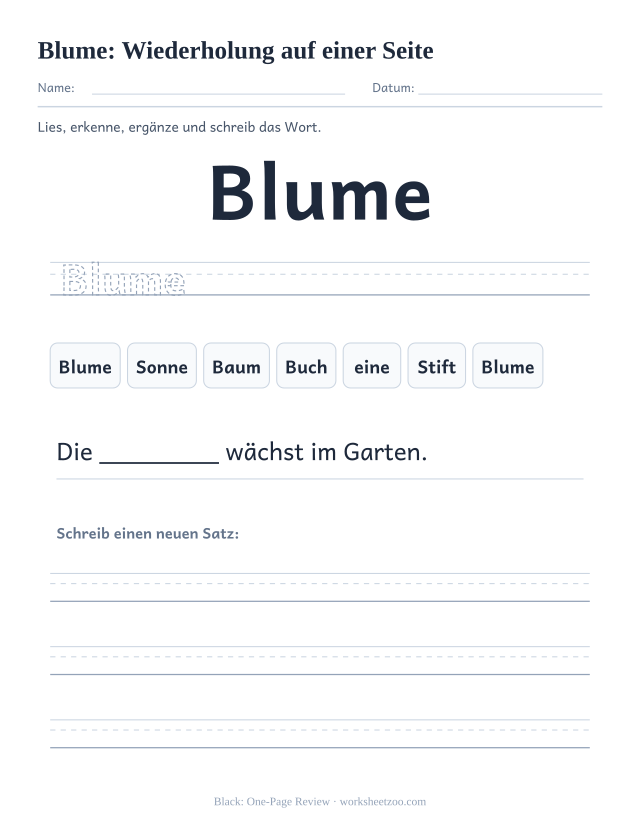 Vorschau: häufiges Wort „Blume“, Wiederholung auf einer Seite