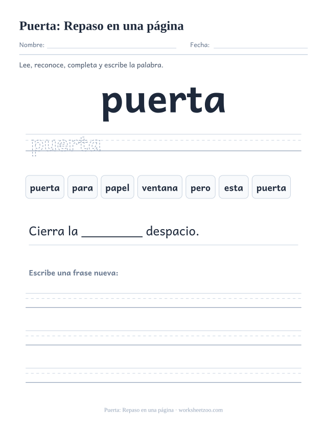 Ficha de la palabra frecuente «puerta», repaso en una página para imprimir