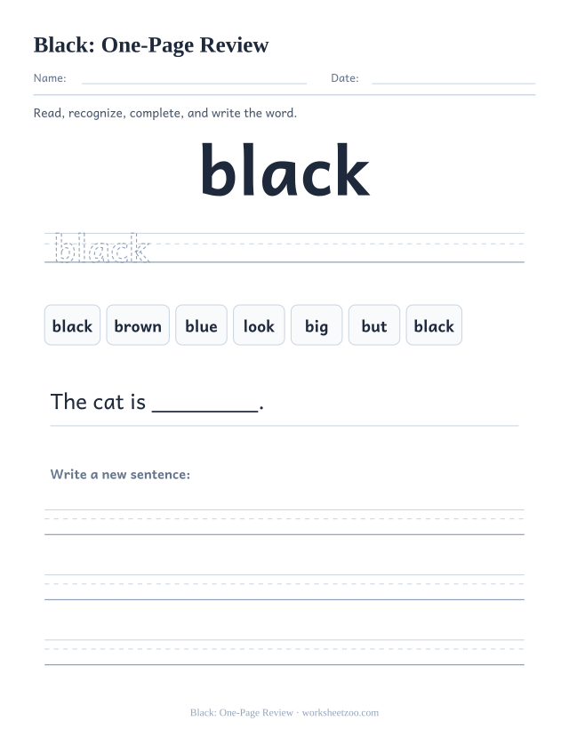 Sight word “black” worksheet, one-page review printable activity