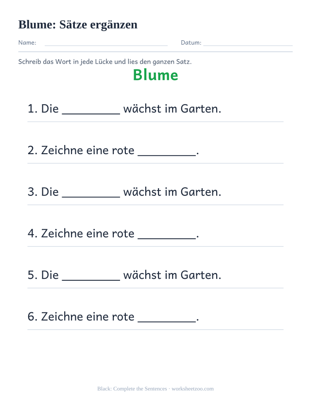 Vorschau: häufiges Wort „Blume“, Sätze ergänzen