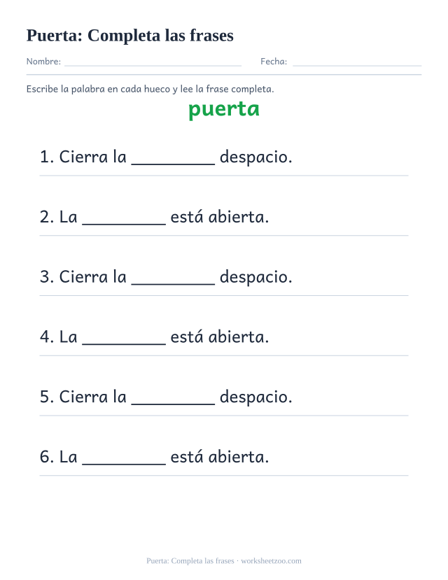 Ficha de la palabra frecuente «puerta», completa las frases para imprimir