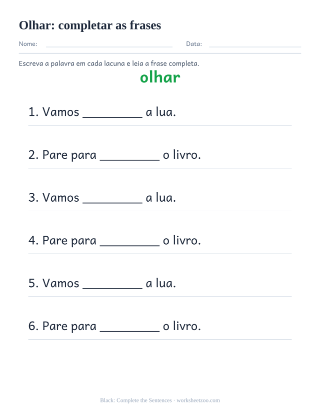 Prévia da palavra frequente “olhar”, completar as frases