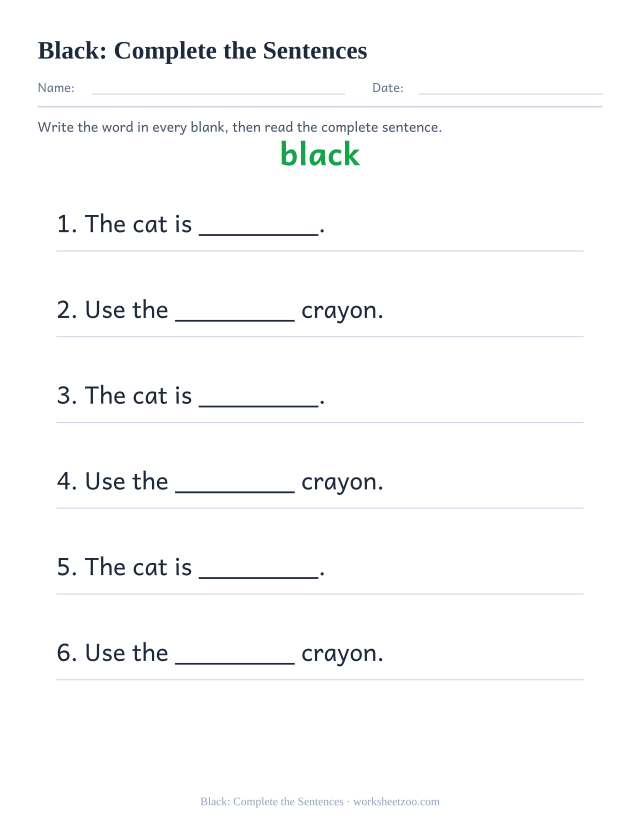 Sight word “black” worksheet, complete the sentences printable activity