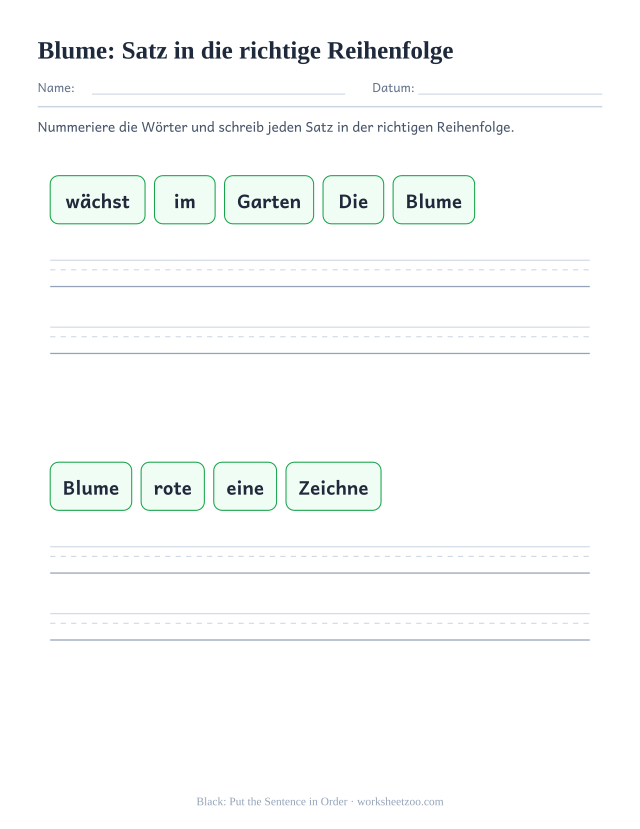Vorschau: häufiges Wort „Blume“, Satz in die richtige Reihenfolge