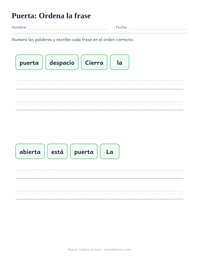 Ficha de la palabra frecuente «puerta», ordena la frase para imprimir