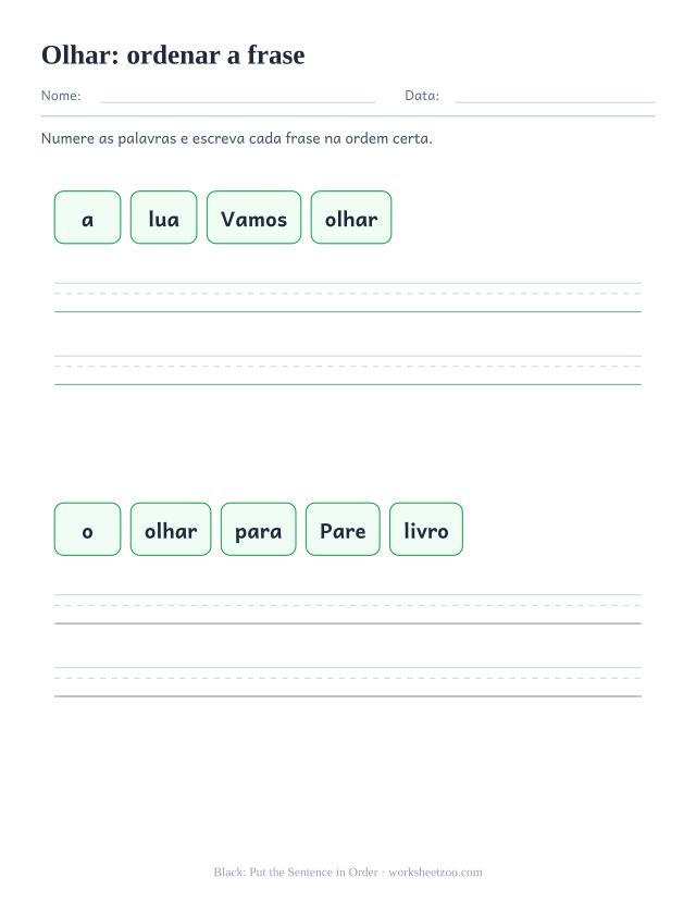 Prévia da palavra frequente “olhar”, ordenar a frase