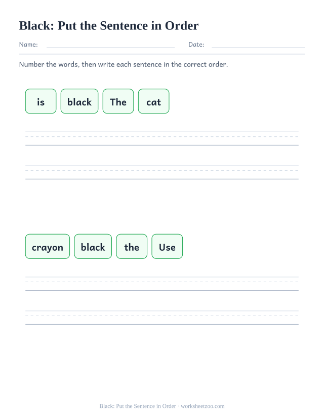 Sight word “black” worksheet, put the sentence in order printable activity