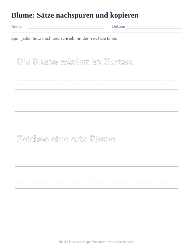 Vorschau: häufiges Wort „Blume“, Sätze nachspuren und kopieren