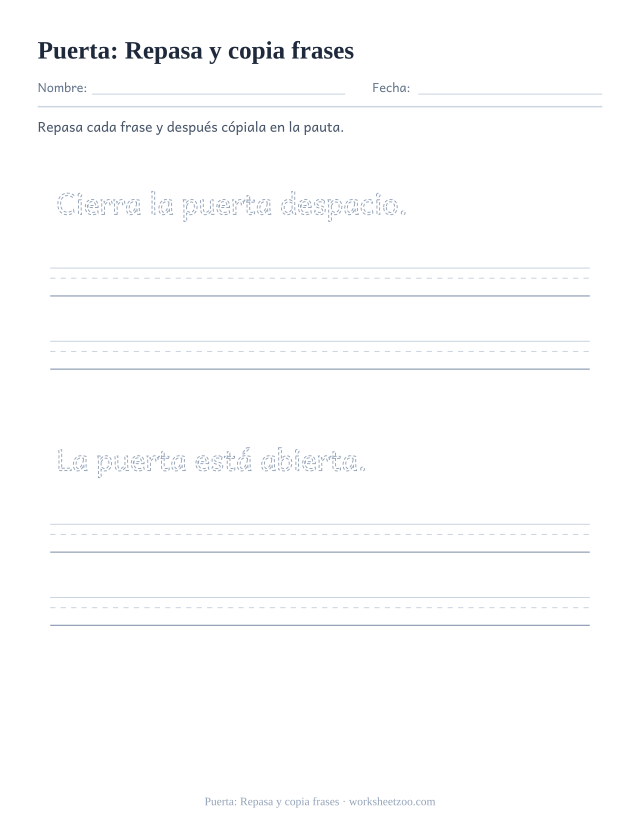 Ficha de la palabra frecuente «puerta», repasa y copia frases para imprimir