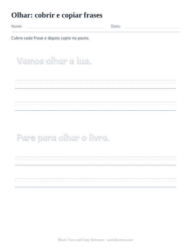 Prévia da palavra frequente “olhar”, cobrir e copiar frases