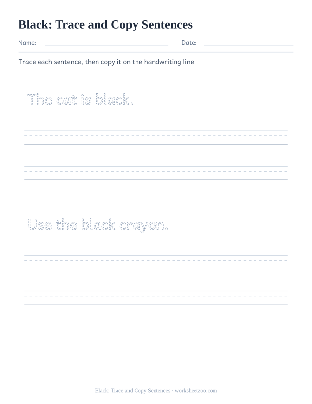 Sight word “black” worksheet, trace and copy sentences printable activity