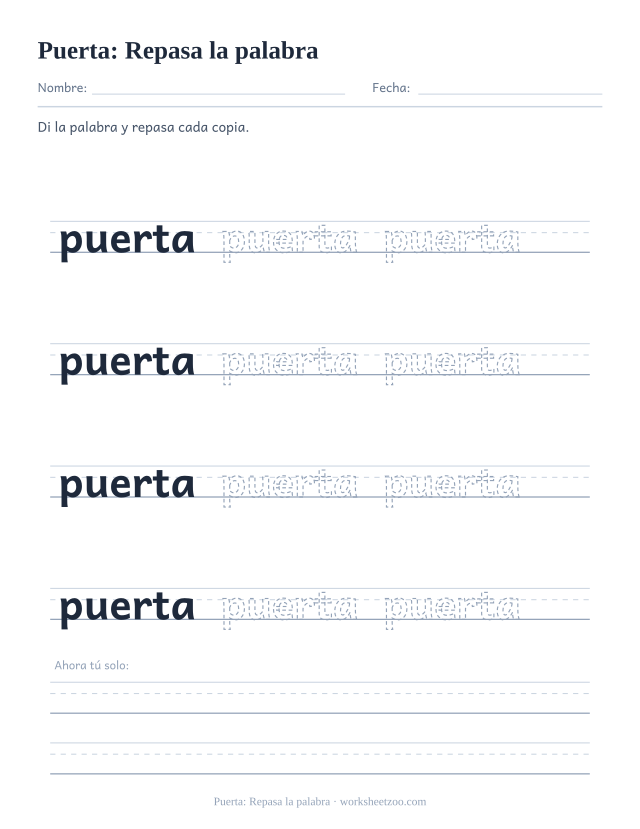 Ficha de la palabra frecuente «puerta», repasa la palabra para imprimir