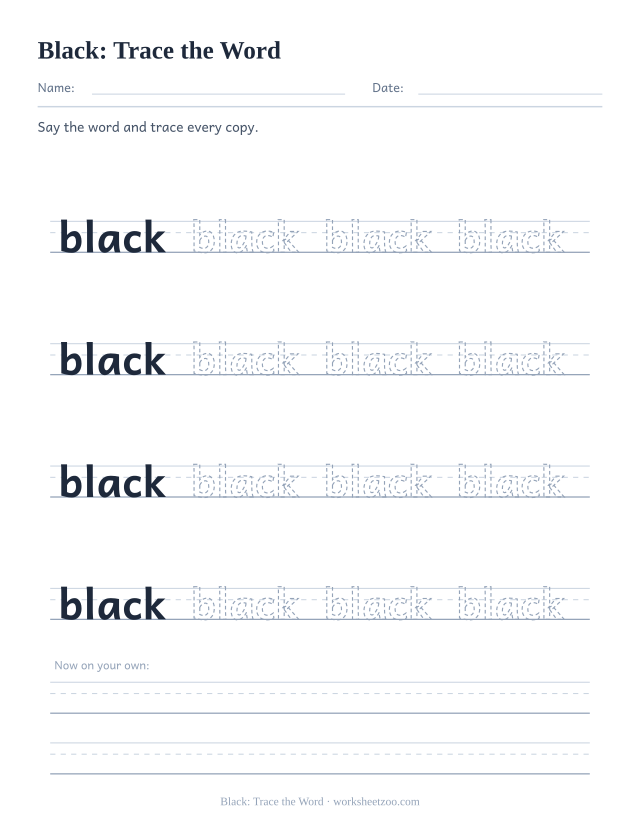 Sight word “black” worksheet, trace the word printable activity