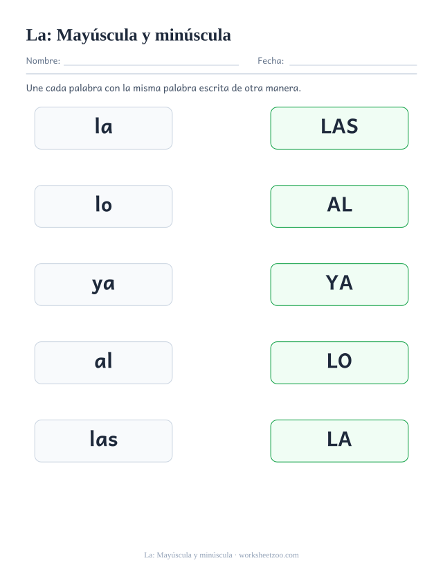 Ficha de la palabra frecuente «la», mayúscula y minúscula para imprimir