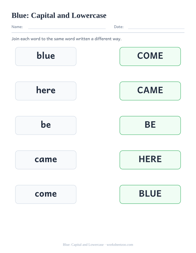 Sight word “blue” worksheet, capital and lowercase printable activity