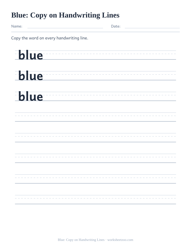 Sight word “blue” worksheet, copy on handwriting lines printable activity