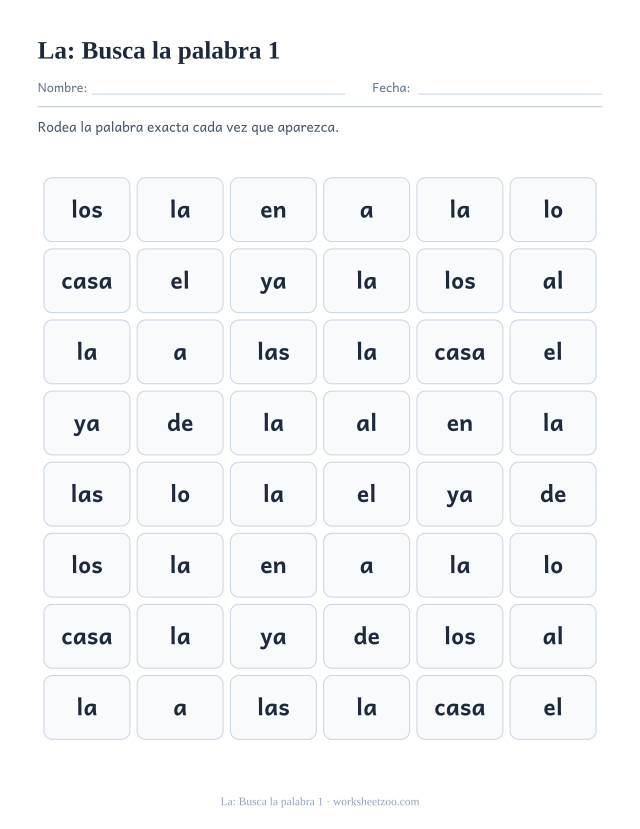 Ficha de la palabra frecuente «la», busca la palabra 1 para imprimir