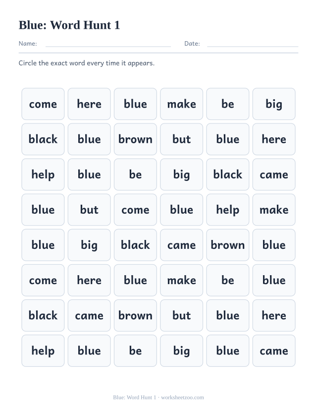 Sight word “blue” worksheet, word hunt 1 printable activity