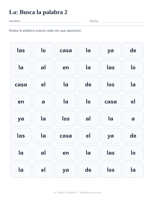 Ficha de la palabra frecuente «la», busca la palabra 2 para imprimir