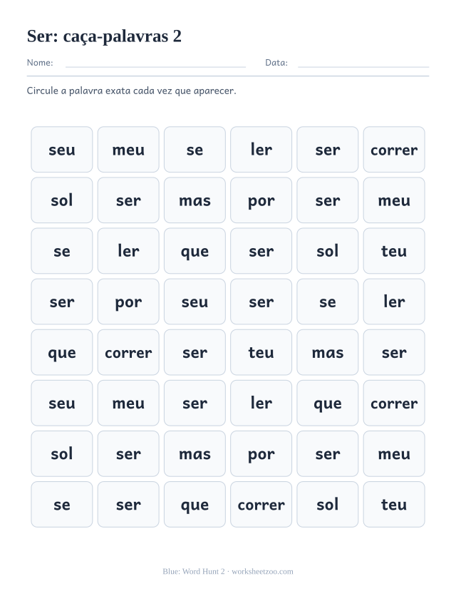 Prévia da palavra frequente “ser”, caça-palavras 2