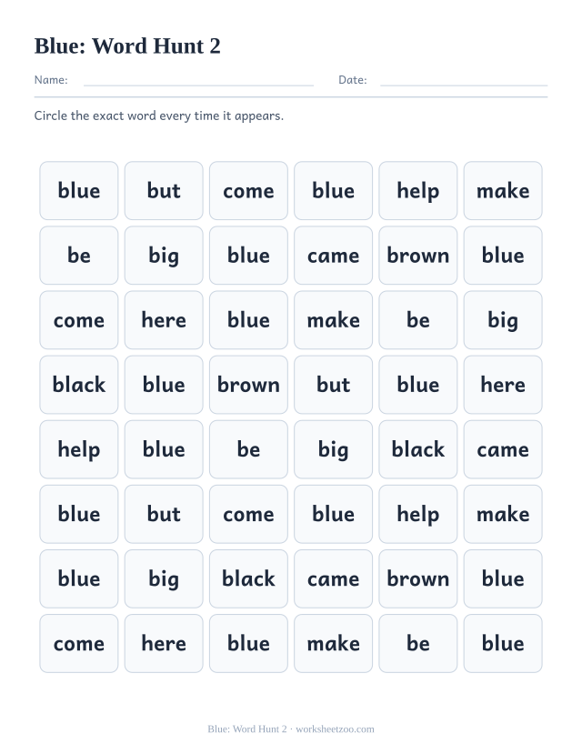 Sight word “blue” worksheet, word hunt 2 printable activity
