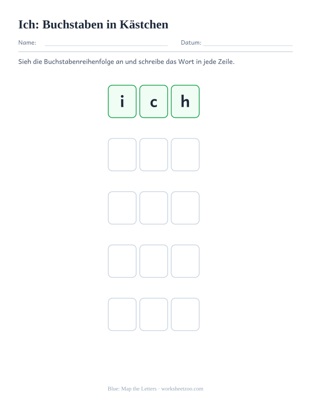 Vorschau: häufiges Wort „ich“, Buchstaben in Kästchen