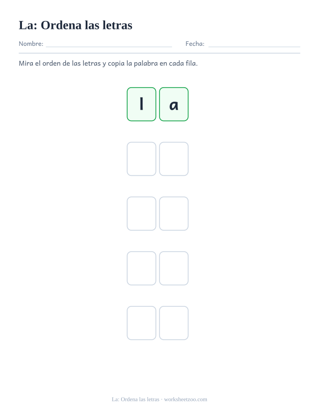 Ficha de la palabra frecuente «la», ordena las letras para imprimir