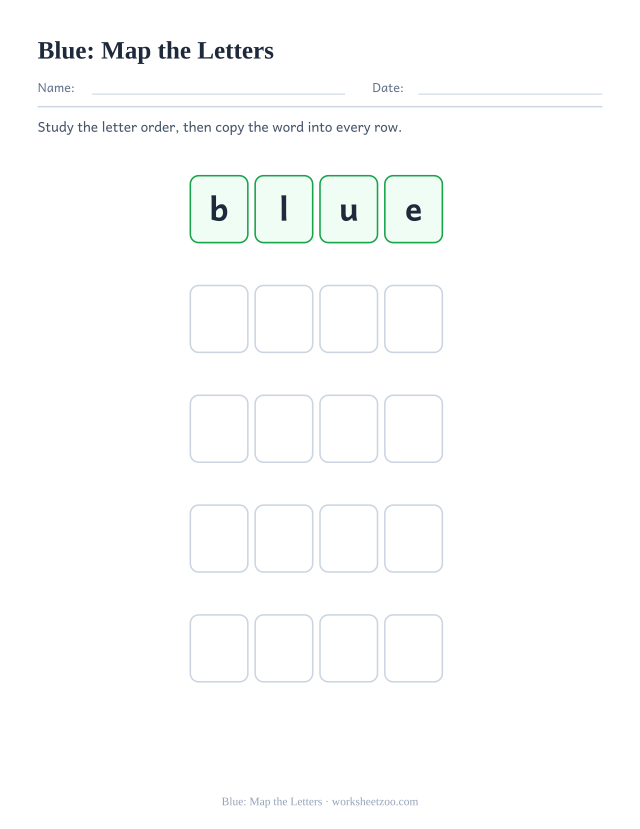 Sight word “blue” worksheet, map the letters printable activity