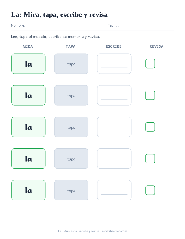 Ficha de la palabra frecuente «la», mira, tapa, escribe y revisa para imprimir