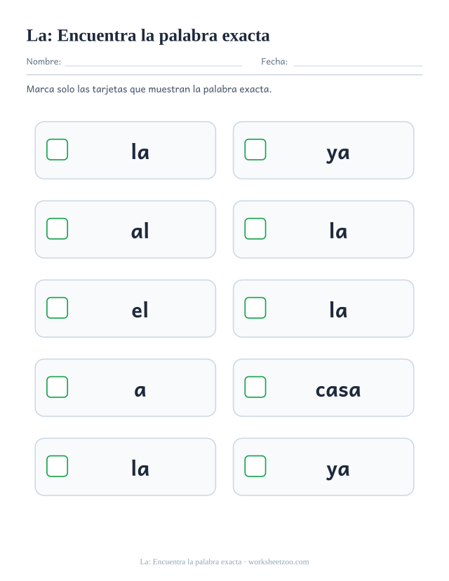 Ficha de la palabra frecuente «la», encuentra la palabra exacta para imprimir