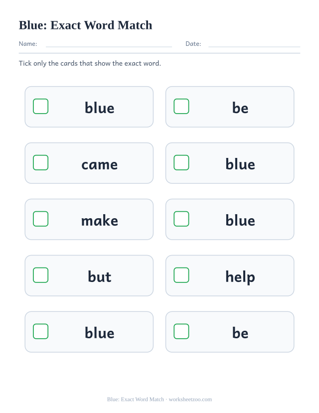 Sight word “blue” worksheet, exact word match printable activity